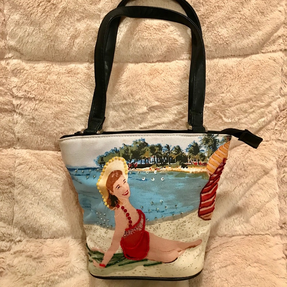 beach purse, sequins, beads, vintage pinup girl